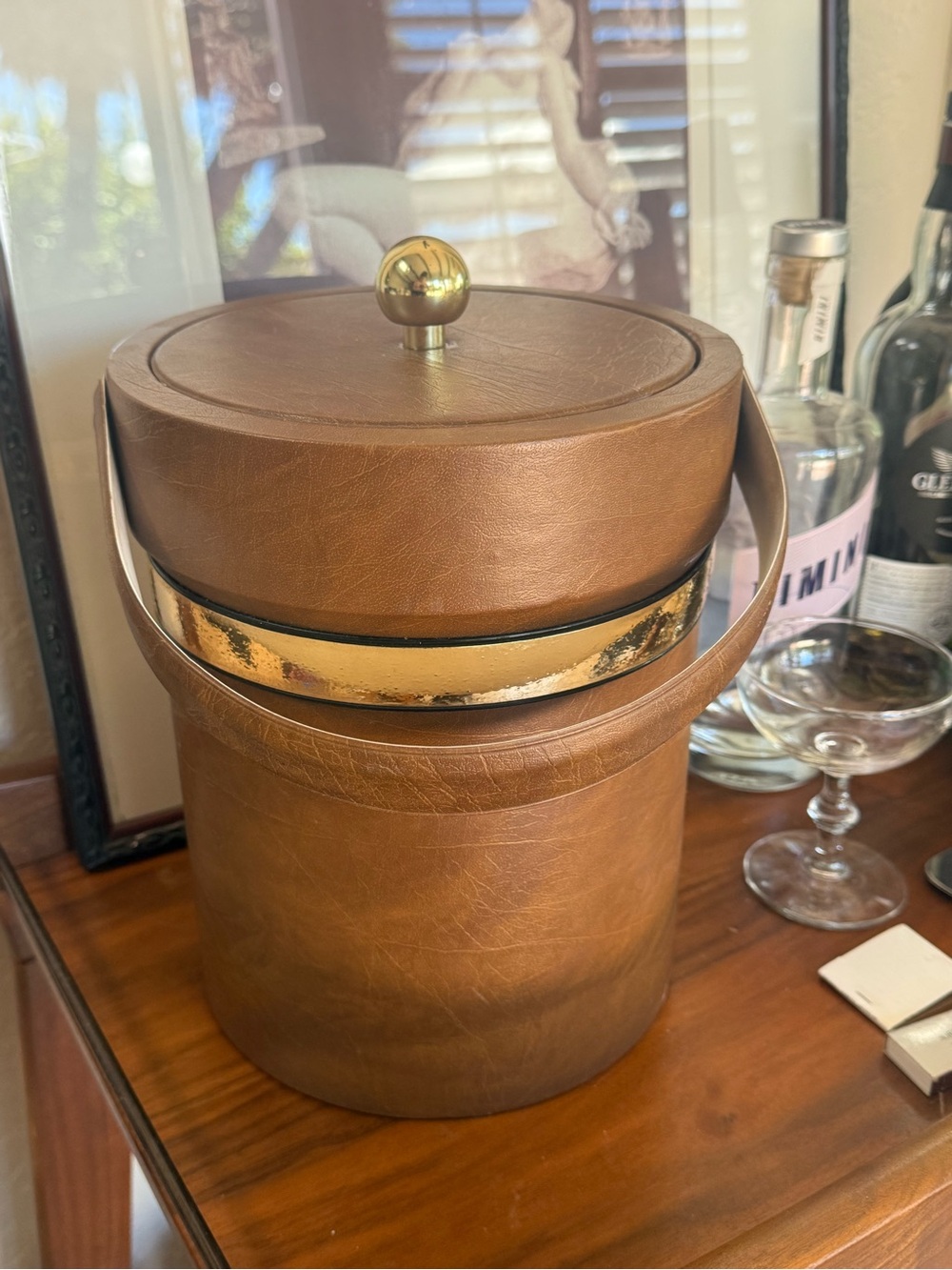Vintage MCM Brown Faux Leather Ice Bucket with Gold Accent